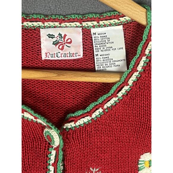 VTG NutCracker Christmas Cardigan Sweater Womens M Red Snowman Embroidered 90s - Picture 5 of 10